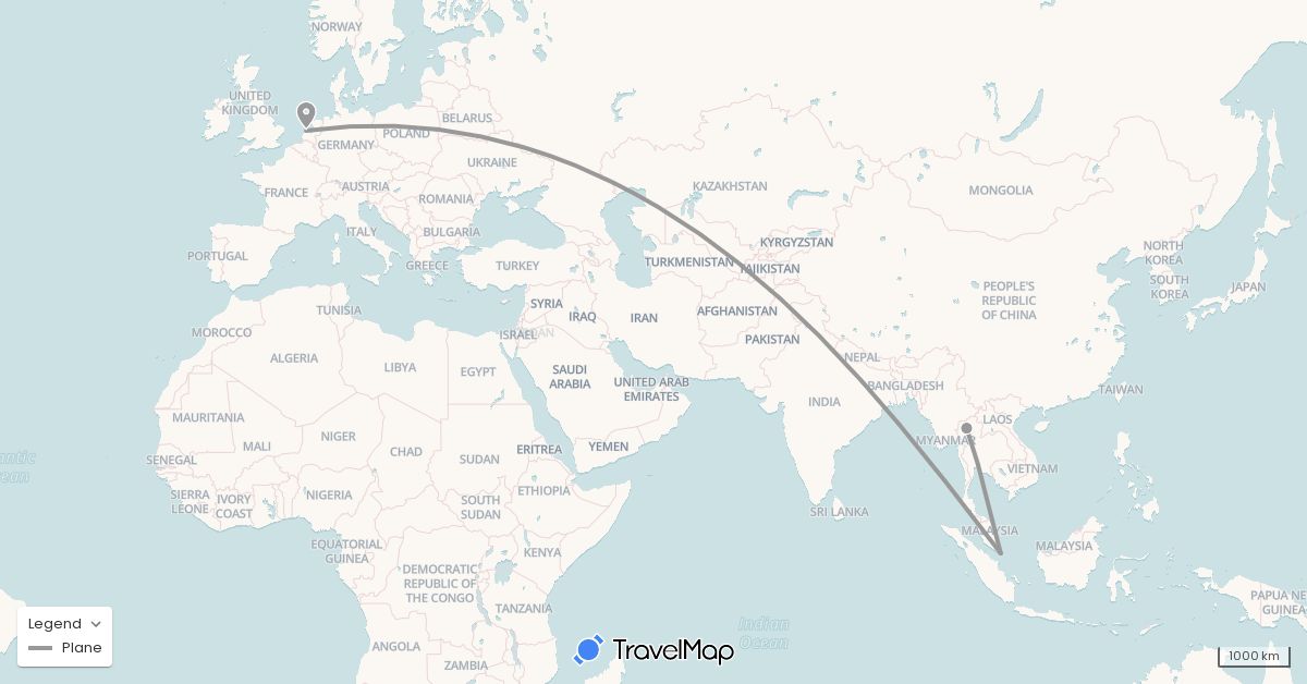 TravelMap itinerary: plane in Netherlands, Singapore, Thailand (Asia, Europe)
